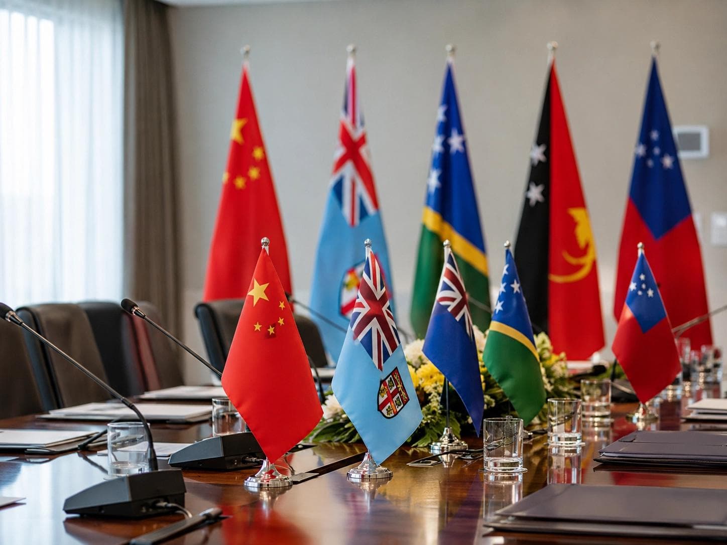 Flags of China, Fiji, Solomon Islands, Papua New Guinea and Samoa arranged along a summit conference table